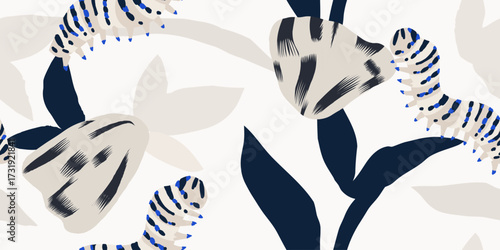 Abstract minimalist flowers with bugs pattern. Cute hand drawn botanical print. Fashionable template for design. 