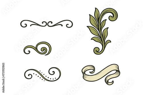 Ornate vintage decorative elements set with elegant scrolls, leafy flourishes, and a classic ribbon banner design perfect for various creative projects