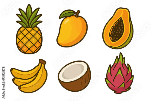 Assortment of tropical fruits including pineapple, mango, papaya, bananas, coconut, and dragon fruit