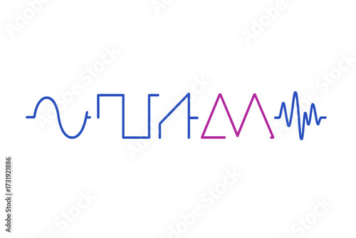Diverse electronic signal waveforms: sine, square, sawtooth, triangular, and irregular pulse patterns