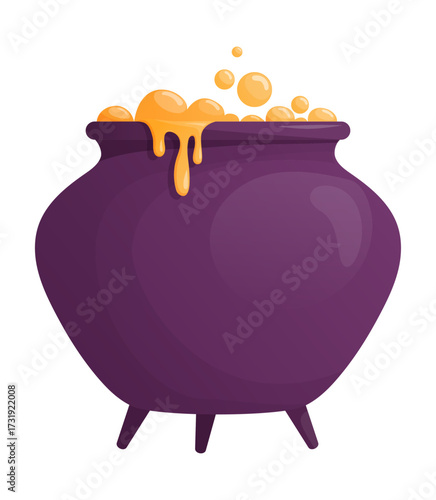 Witch's cauldron with bubbling orange liquid isolated on a white background.Traditional Halloween element .Magic potion, witchcraft symbol, dark boiling cauldron. Vector illustration