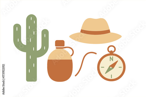 Collection of desert adventure essentials including a saguaro cactus, wide-brimmed hat, water canteen, and navigation compass for outdoor exploration and travel