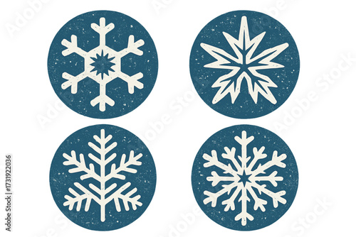 Rustic collection of unique distressed snowflake icons on blue circular backgrounds for winter holiday design elements