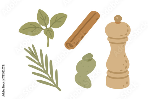 A vibrant collection of fresh basil, rosemary, cinnamon stick, dried chili, and pepper grinder, essential kitchen ingredients for cooking and seasoning, perfect for culinary themes