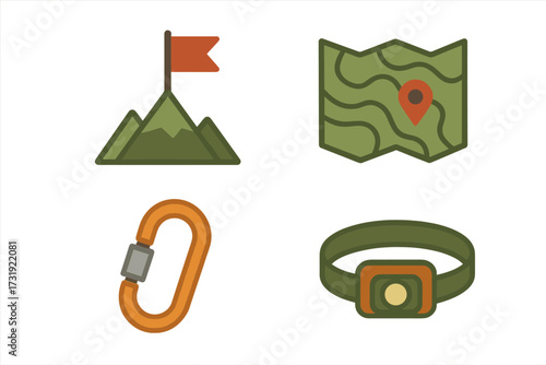 Essential outdoor adventure and exploration icons featuring a mountain peak, navigation map, climbing carabiner, and headlamp