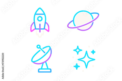Vibrant gradient space exploration icons set featuring rocket, ringed planet, satellite dish, and sparkling stars
