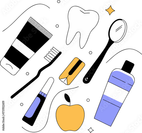 Dental hygiene and oral care products in a modern flat design style