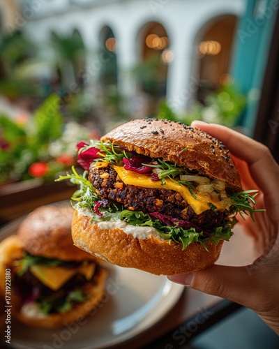 Person holding delicious gourmet plantbased burger up close