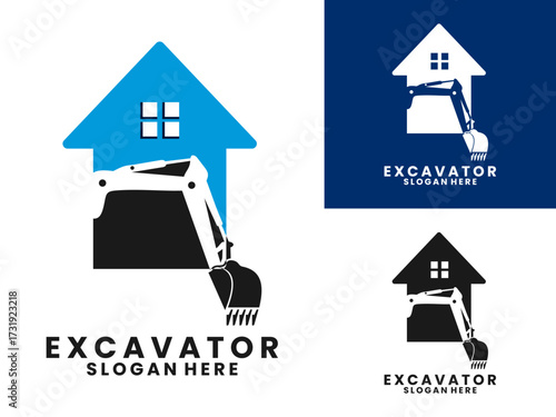 excavator with house building service logo design vector template. Excavator Home logo vector