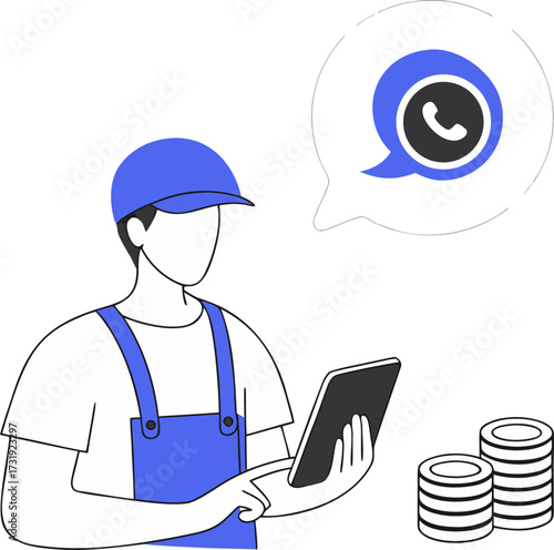 Worker using tablet with whatsapp notification and coins