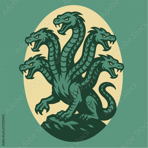 Hydra Multi Headed Serpent of Ancient Legends in Retro Style