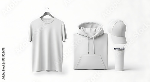 Blank white apparel mockup showcasing a t-shirt, hoodie, cap, and tumbler on a simple background.