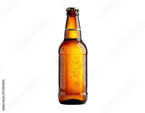 Amber beer bottle, wet with condensation, isolated