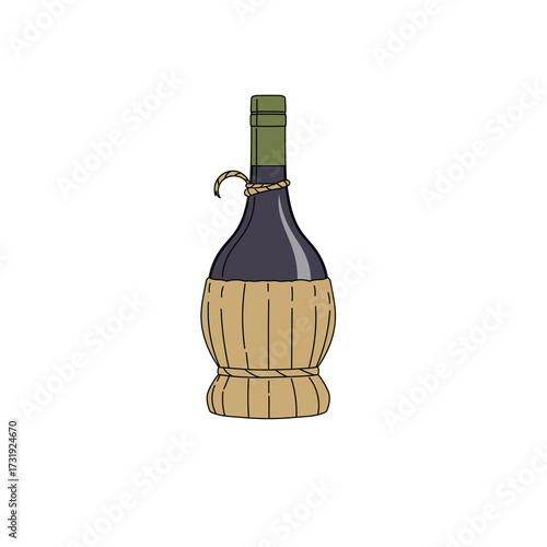 Red wine bottle in minimal flat design. Italian traditional rustic pack. Winery and wine menu card object icon. Vector illustration on white background.