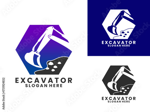 Excavator design with hexagon logo vector template, hydraulic excavator with natural rocks vector design.