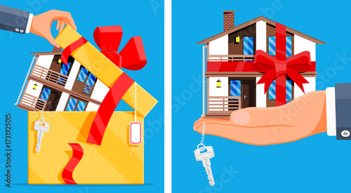 Man hand giving house in gift box. Concept of buying new real estate. Present property.