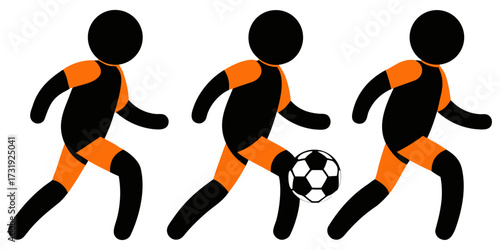 Create a collection of minimalist soccer player silhouettes in various action-packed poses, such as dribbling, kicking, and defending. The figures should be in motion, showcasing athleticism and energ