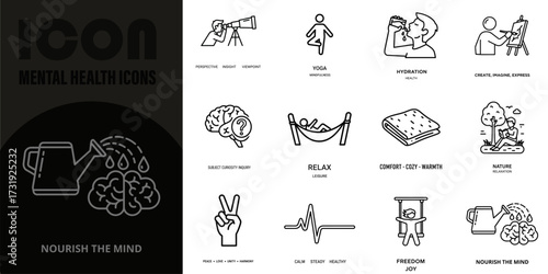 Vector art of nourish the mind icons with watering can and brain