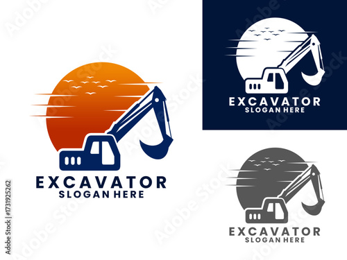 excavator with sun logo design vector template. Excavator elegant logo design icon. Excavator company logo
