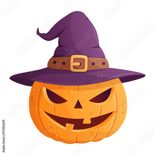 Halloween pumpkin in a hat, isolated vector illustration on white background, colorful and detailed