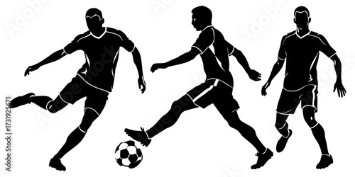 Create a collection of minimalist soccer player silhouettes in various action-packed poses, such as dribbling, kicking, and defending. The figures should be in motion, showcasing athleticism and energ