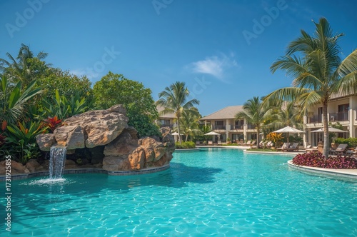 A beautiful vacation retreat showcases a shimmering pool surrounded by lush tropical foliage beneath a bright, cloudless sky inviting calm and enjoyment.
