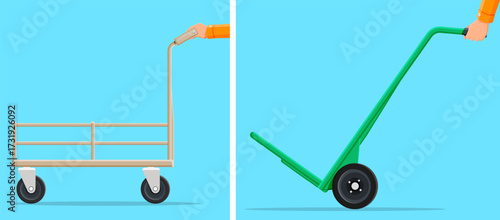 Man hand holding different types of hand truck trolley. Delivery and moving service on light blue background. Warehouse and logistic concept.