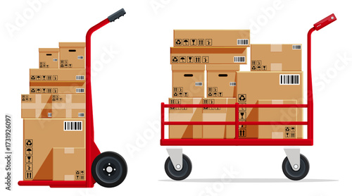 Two vector flat style delivery carts with cardboard boxes. Goods transportation. Parcel order shipping concept for logistics.