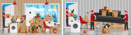 Mover man carrying boxes and furniture. Delivery service moving house or flat. stock vector illustration.