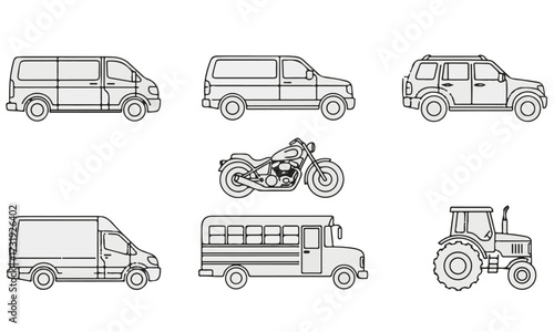 Set of Flat Line Art Icons: Various Transportation and Utility Vehicles

