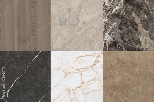 Assortment of interior material samples featuring wooden ceramic tiles, premium marble stones, and refined artificial stone tiles on a background with clipping path.