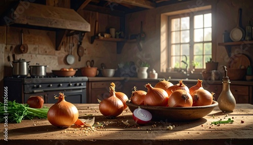 Rustic Kitchen Scene with Onions in Bowl and Sunshine Streaming Through Window in Warm Tones and Vintage Charm