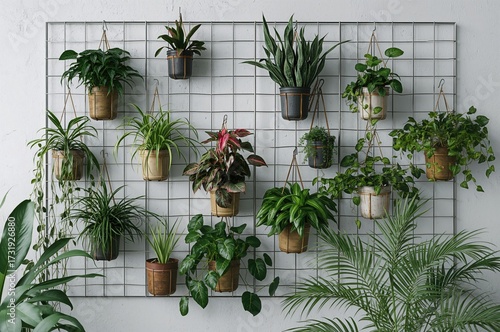A variety of potted greenery is mounted on a wall creating a vertical garden display. The plants are suspended from hooks and placed in decorative holders, adding charm to the area.