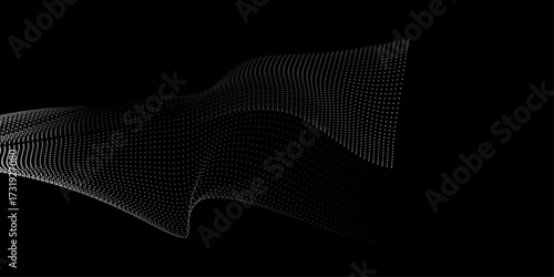 Flowing dots particles wave pattern 3D curve halftone grey gradient curve shape isolated on black background. Vector in concept of technology, science, music, modern.�