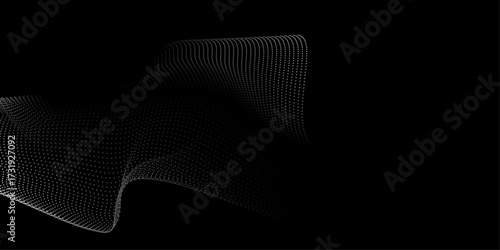 Flowing dots particles wave pattern 3D curve halftone grey gradient curve shape isolated on black background. Vector in concept of technology, science, music, modern.�