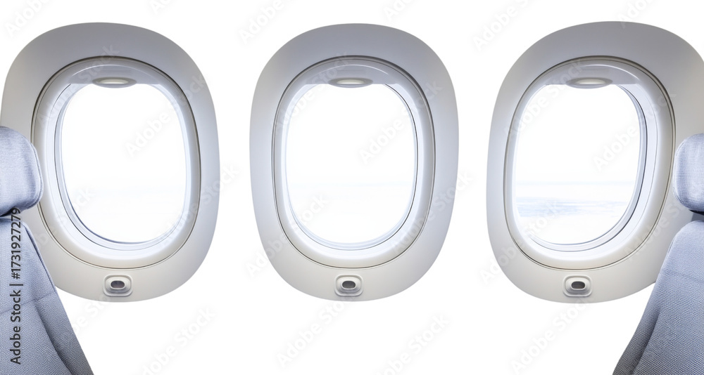 Fototapeta premium Three airplane windows showing clouds and transparent background