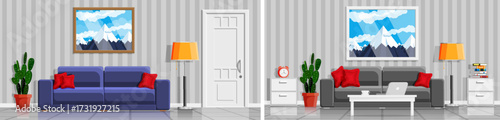 Modern living room interior with couches and cactus plants. Furnished apartment with window view of mountains. Home decoration and comfort concept.