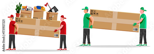 Two men movers carry large carton boxes. Moving service concept. Courier delivery cargo for packaging.