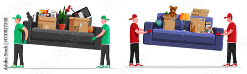 Men moving sofa with packed personal items in cardboard boxes. Home relocation service. Furniture delivery and moving company.