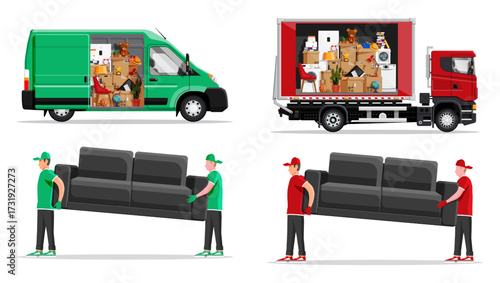 Moving van, truck and male movers carrying sofa. Delivery service concept. Moving boxes with household stuff. Transportation.