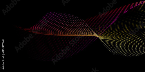 Flowing dots particles wave pattern 3D curve halftone yellow pink gradient curve shape isolated on black background. Vector in concept of technology, science, music, modern
