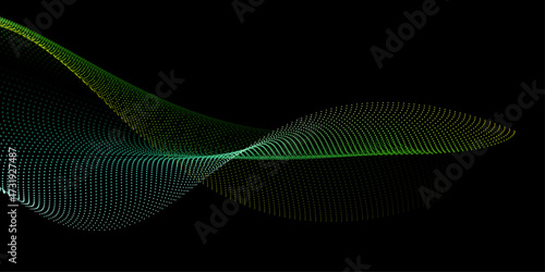 Flowing dots particles wave pattern 3D curve halftone yellow green gradient curve shape isolated on black background. Vector in concept of technology, science, music, modern