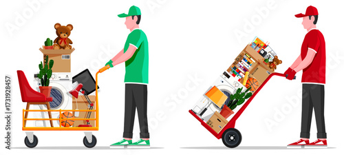 Two men movers transporting household goods with a cart and hand truck. Relocation and delivery service concept. Flat style vector.