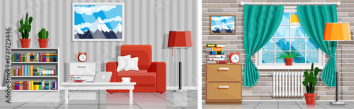 Cozy room interior with furniture, laptop, books, and plants. Home comfort and modern lifestyle concept. Flat vector illustration.