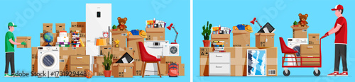 Men moving and delivering household goods and furniture in boxes. People provide cargo shipping service to clients. Relocation assistance concept.