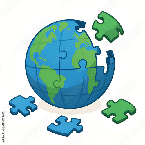 3D puzzle globe toy pieces assembling into a spherical Earth, educational geography toy concept for children, clean vector style, isolated on white background.