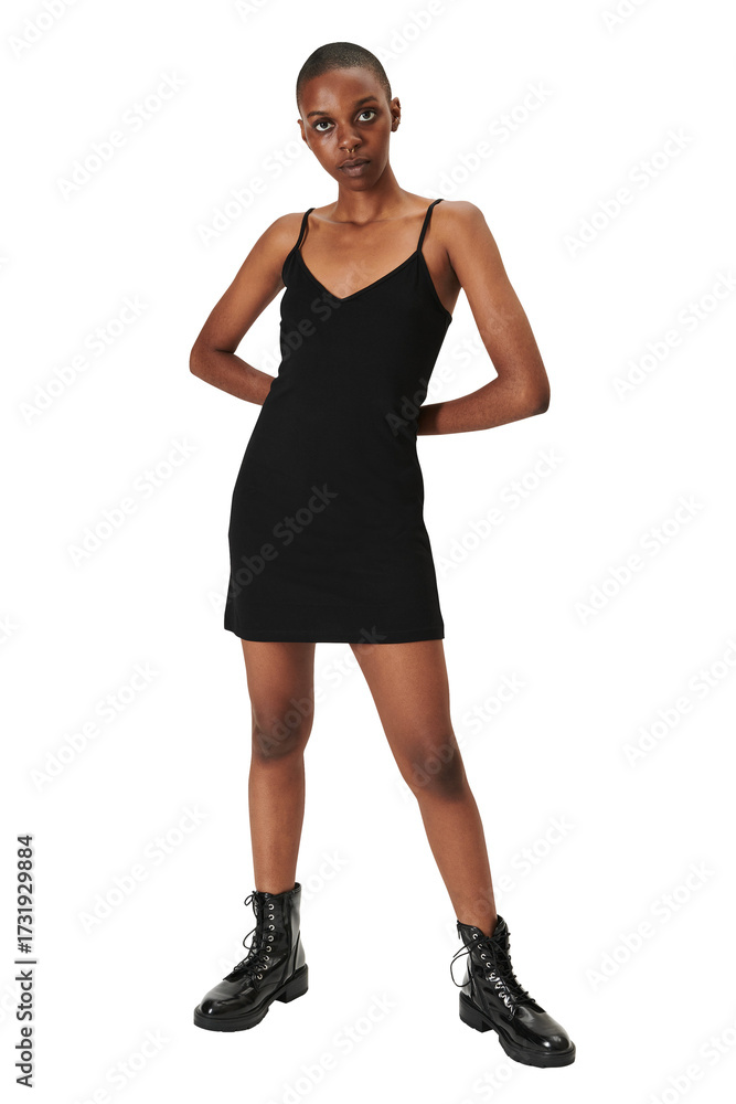Fototapeta premium Black woman in a fitted dress png mockup