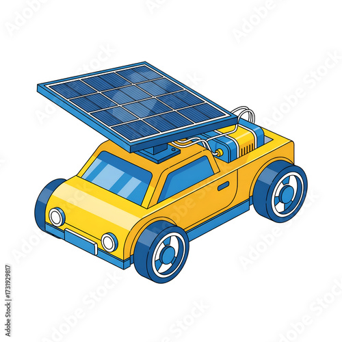 Solar-powered educational toy car with a small solar panel on top, designed as a sustainable energy science toy for children, clean modern vector style, isolated on white.