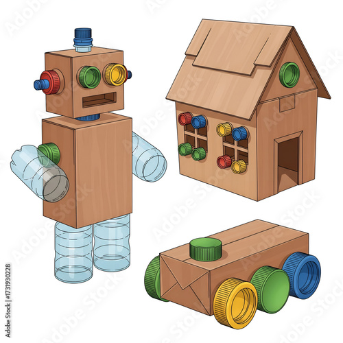 Creative educational toys made from recycled cardboard boxes and plastic bottles, eco-friendly sustainability toy concept for children, clean vector style, isolated on white.