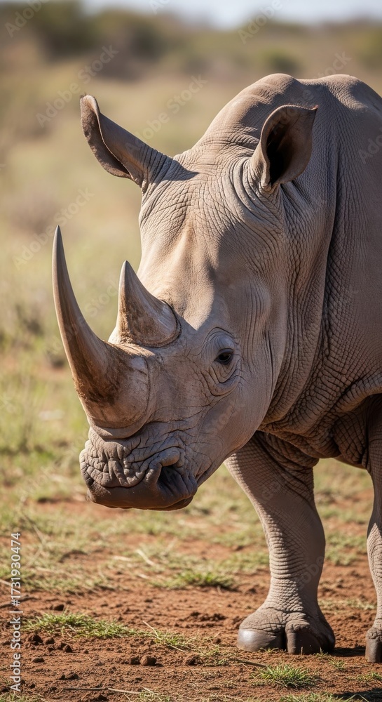 Fototapeta premium Magnificent White Rhinoceros portrait, detailed skin texture in nature habitat
